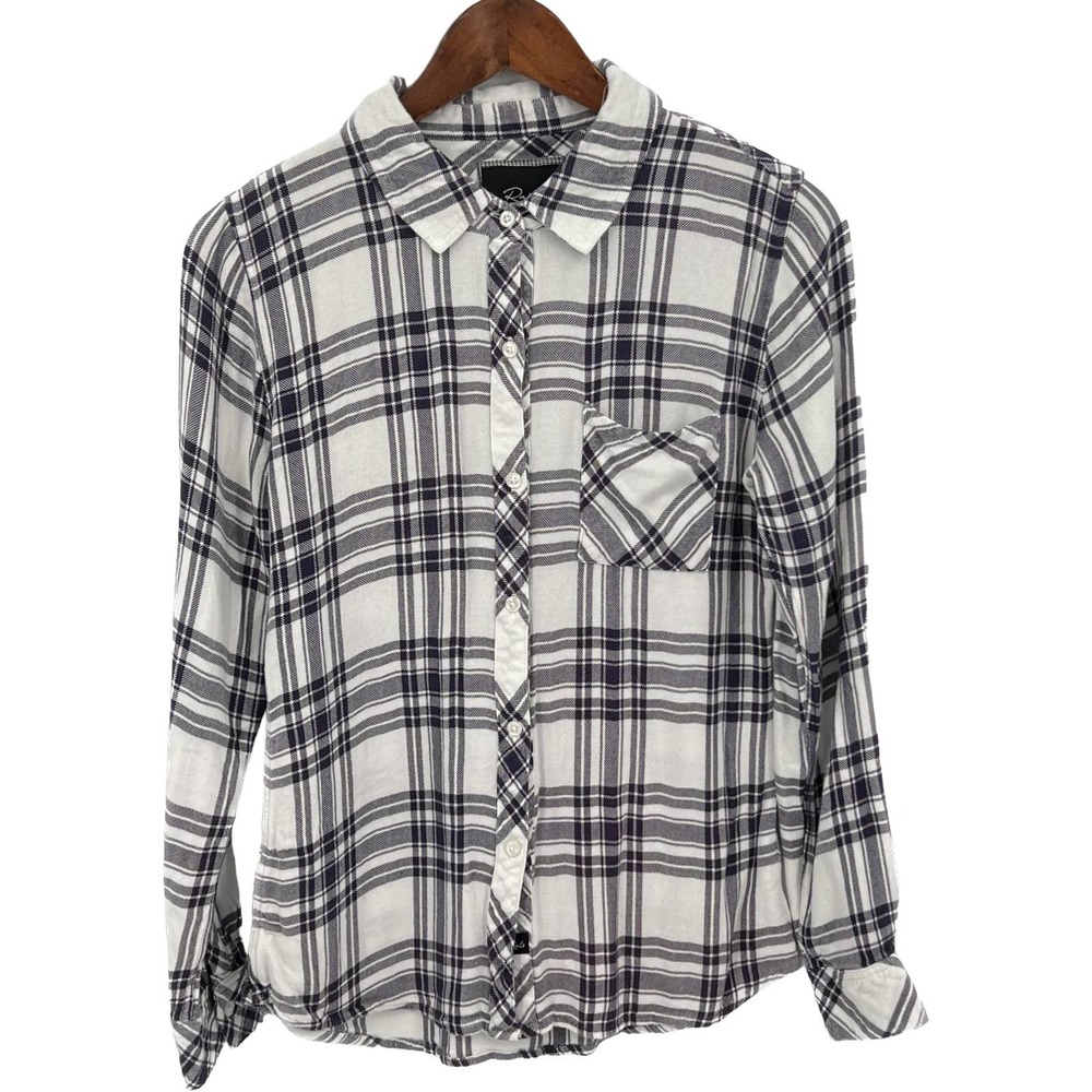 Rails Button-Up Shirt Long-Sleeve Plaid Womens XS Collared Rayon White Classic